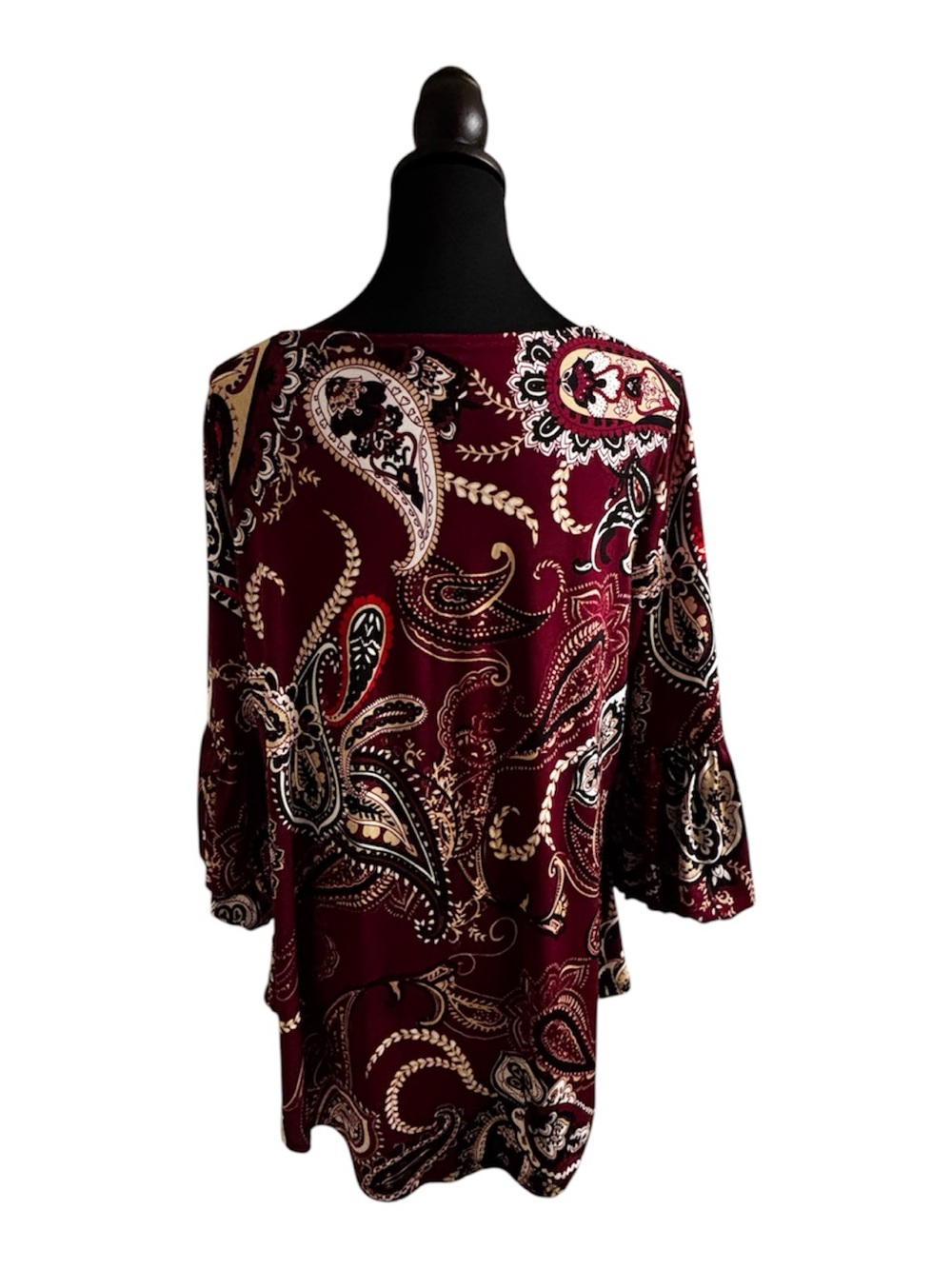 Laura Plus Women’s Burgundy Paisley V-Neck Bell Sleeve Top - Picture 3 of 5
